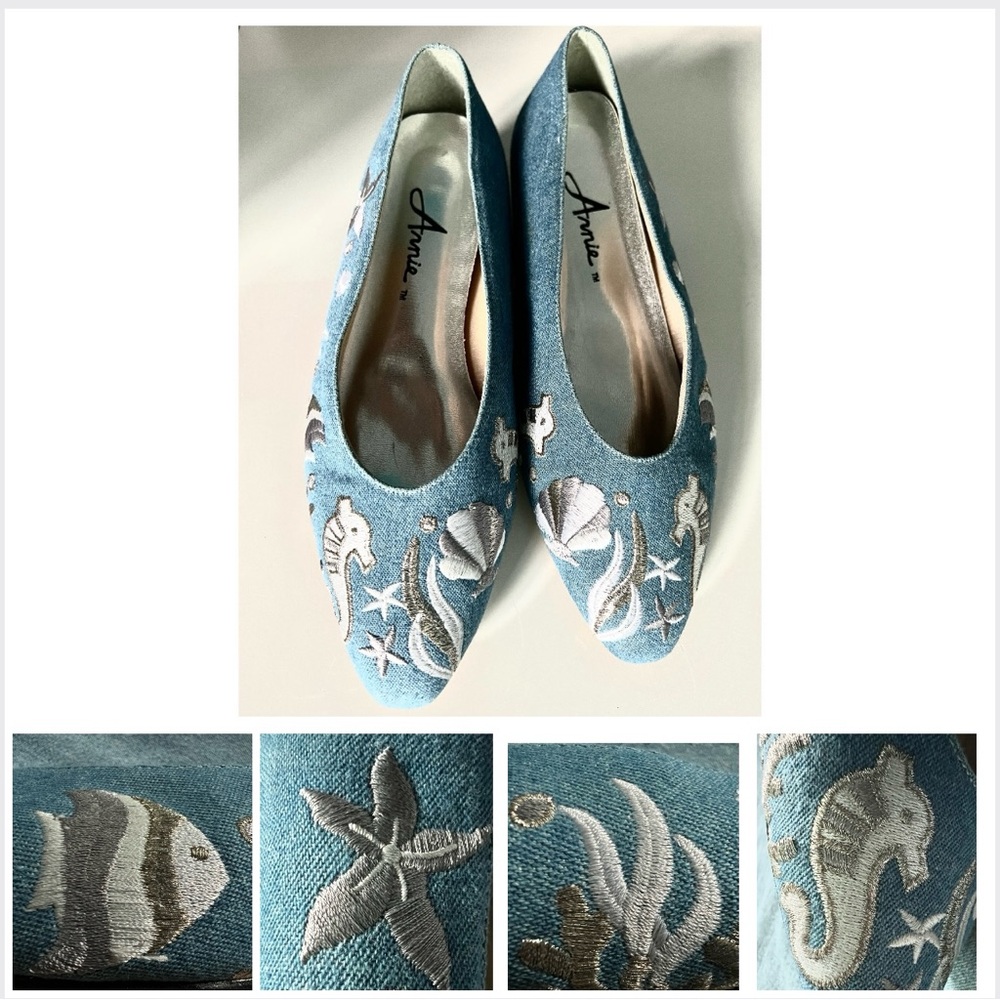 🆕 Denim shoes w/ marine themed silver, grey & white embroidery-comfy flats